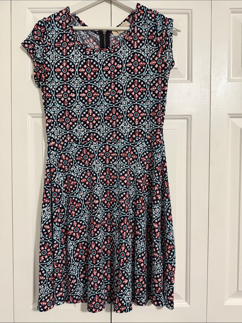 Michael Kors Navy, Light Blue & Pink Patterned Fit-and-Flare Dress